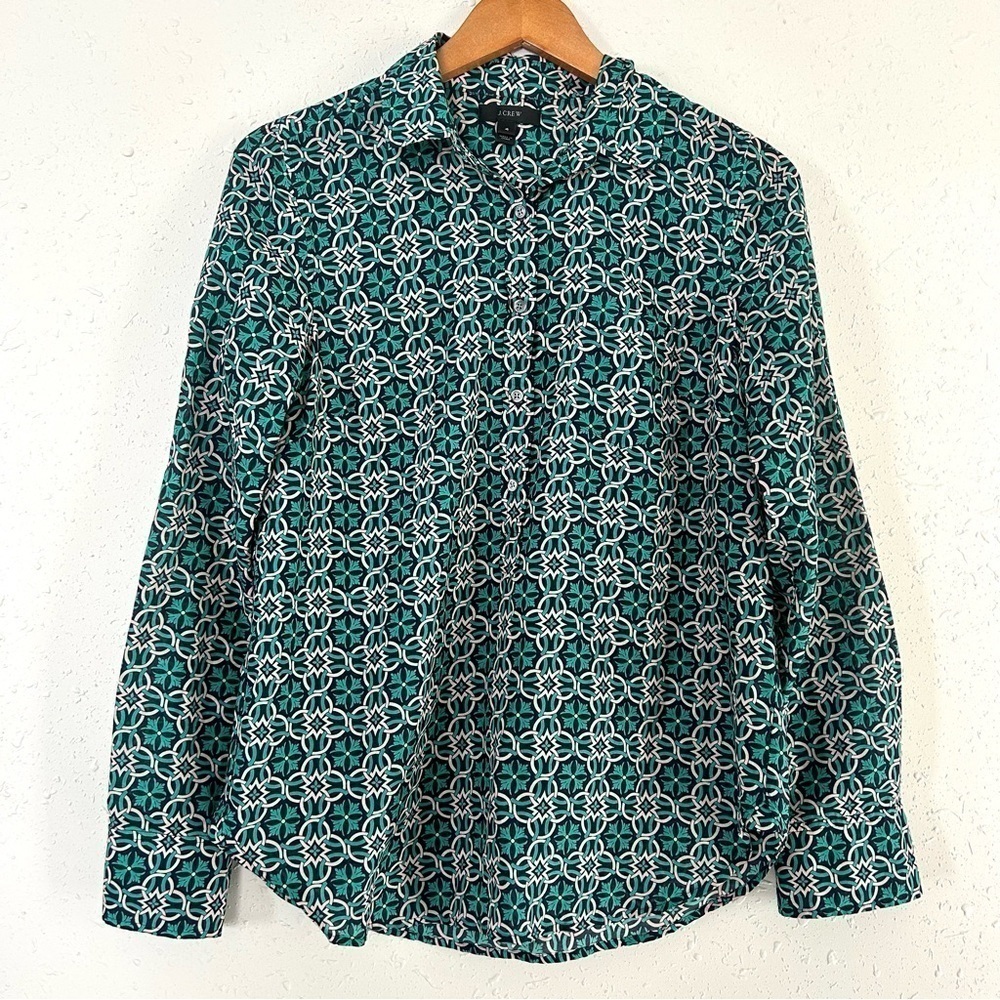 🦋 J. Crew Lattice Medallion Teal Pale Pink Long Sleeve Blouse Cotton Silk Size 4